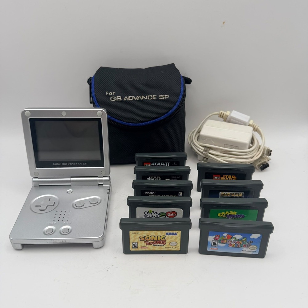 Nintendo Game Boy Advance SP AGS-001 Silver Console 9 Games Charger Case Tested